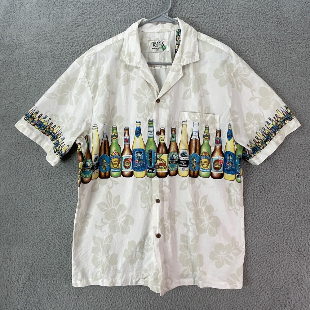 KY'S Hawaiian Beer Bottle Shirt Mens L Cream Short Sleeve Tiki Retro Aloha USA